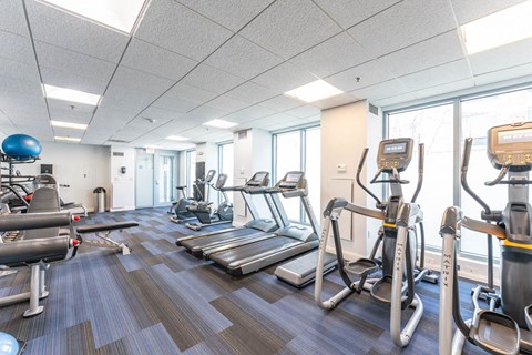 50 WB's gym with cardio equipment and weights in a building with windows